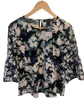 French Connection Navy Floral Watercolor Blouse with Bell Sleeve | Size Small